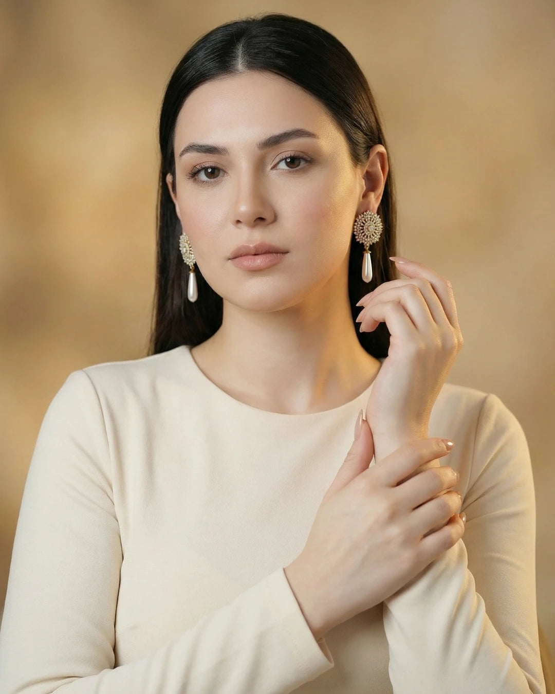 Celestial Pearl Drop Earrings by Jewel by JF featuring pearl drops and intricate celestial-inspired design.