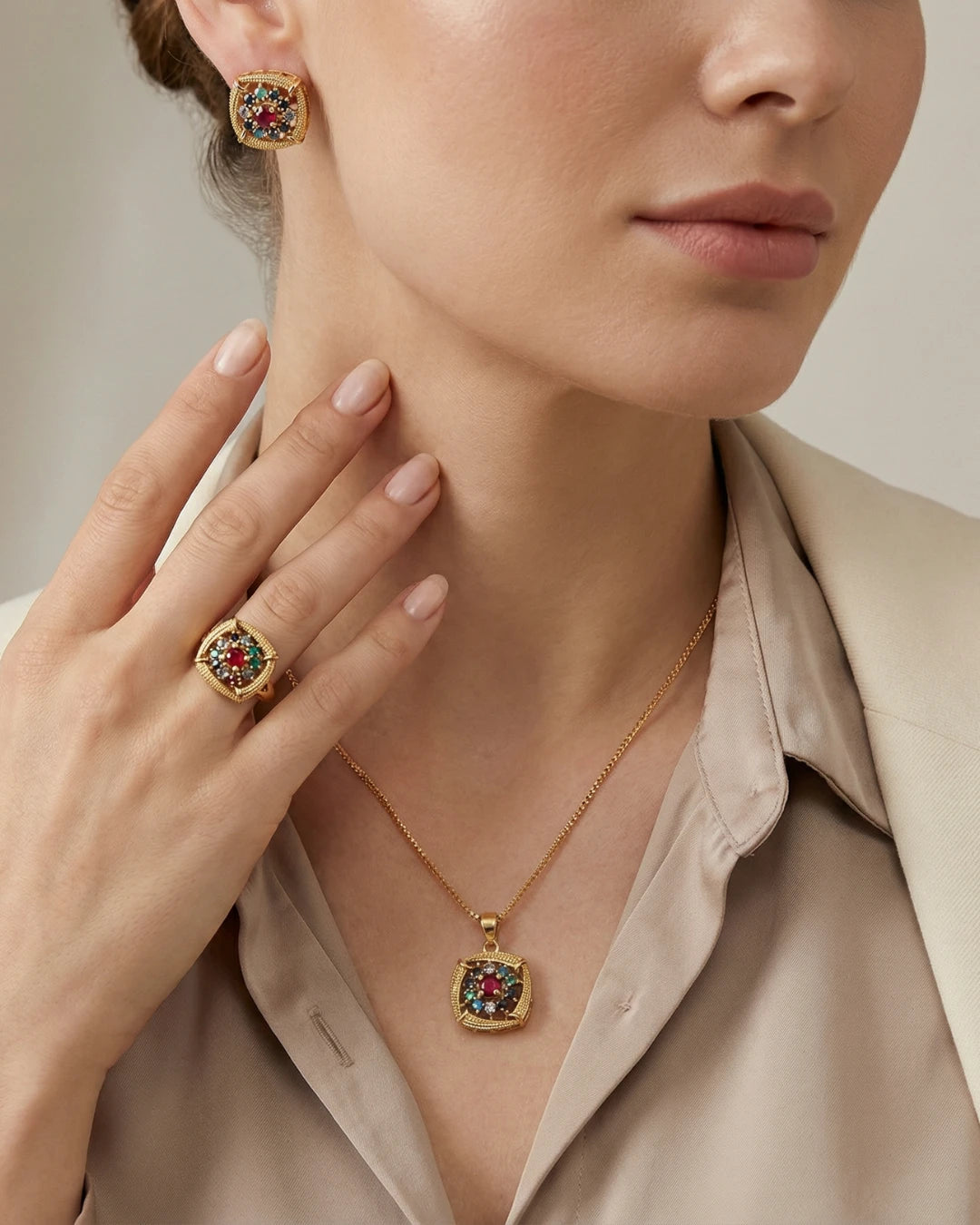 Heirloom mosaic jewelry set by Jewel by JF featuring intricate designs, perfect for special occasions and traditional wear.