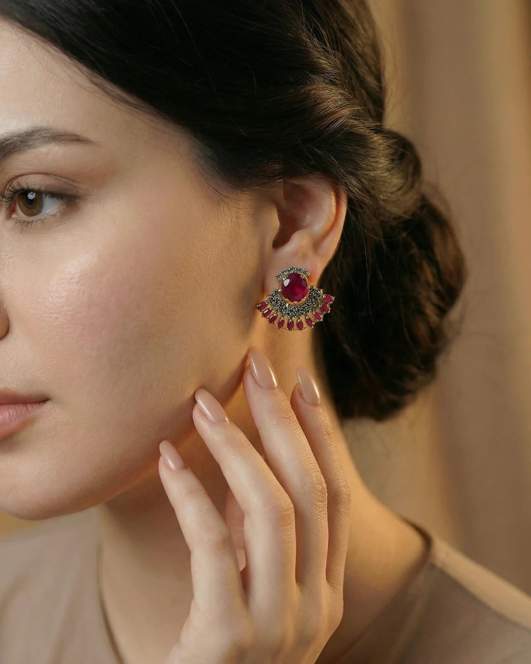 Crimson Fan Earrings by Jewel by JF featuring vibrant red fan-shaped design, elegant earrings for special occasions.