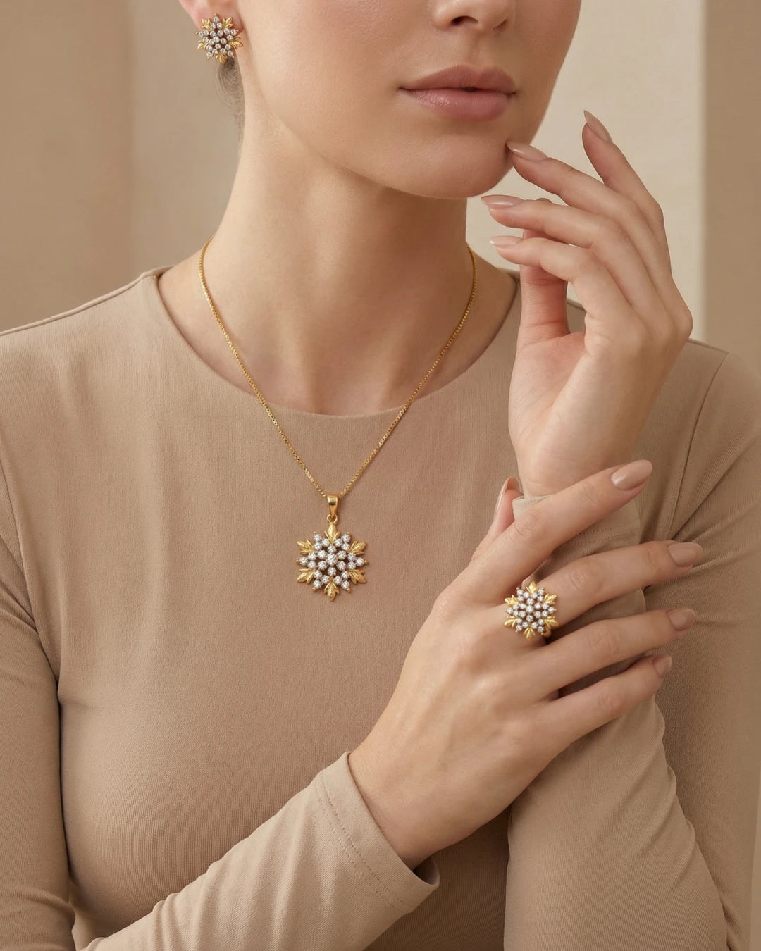 Golden Frost Flora jewellery set featuring intricate floral designs, crafted by Jewel by JF, perfect for special occasions and Eid celebrations.