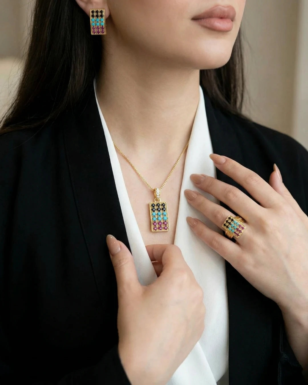 Mosaic Regal Heritage set by Jewel by JF featuring intricate mosaic patterns in vibrant colors, perfect for special occasions.