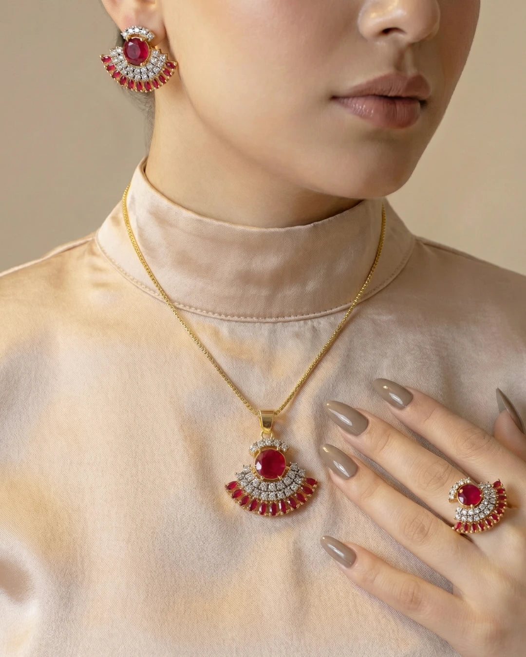 Elegant verdant fan-shaped jewellery set by Jewel by JF featuring intricate designs, perfect for special occasions and celebrations.