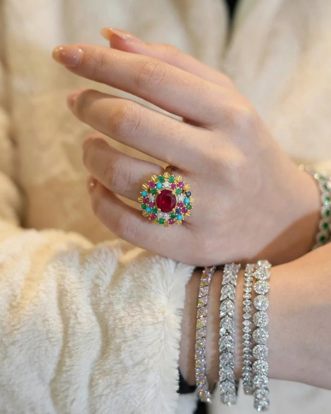 Intricate mosaic crown ring by Jewel by JF featuring colorful gemstone accents and detailed metalwork.