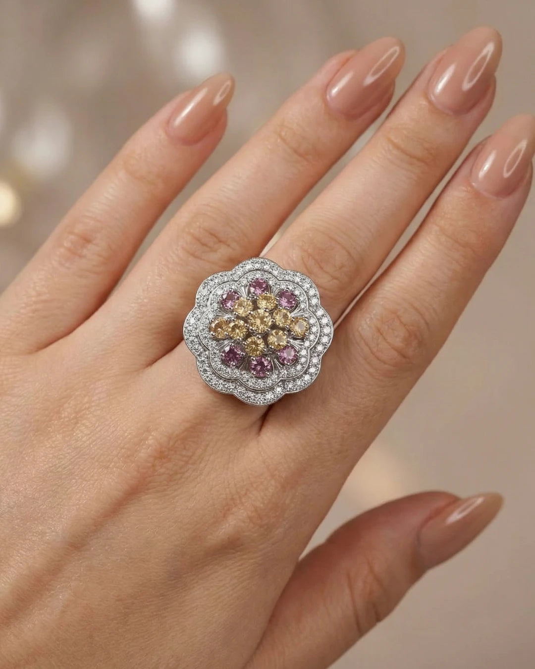 Rose Quartz Bloom Ring by Jewel by JF featuring a pink rose quartz gemstone and delicate floral design.