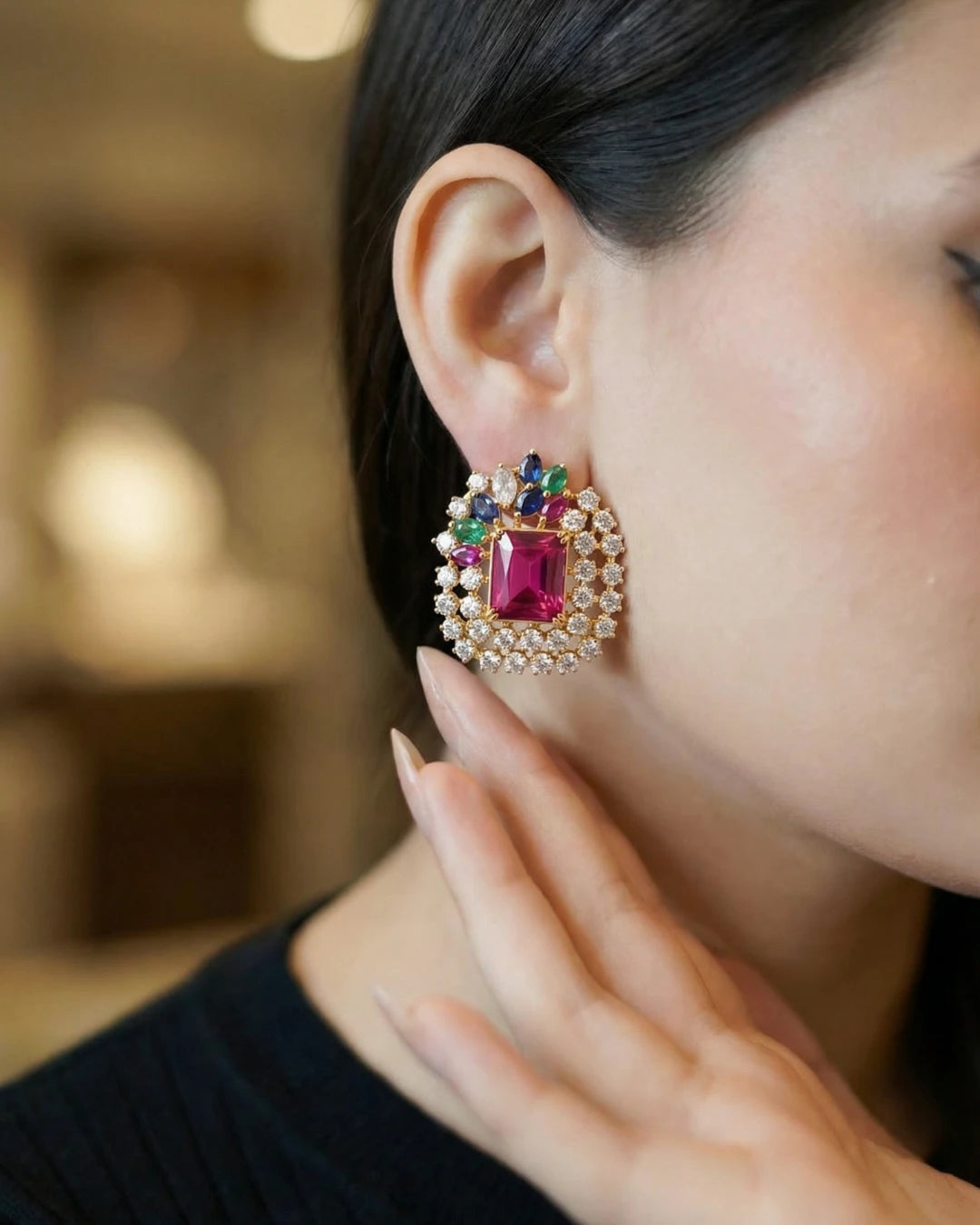 Mosaic Halo Stud Earrings by Jewel by JF featuring intricate mosaic design and sparkling halo setting, perfect for elegant occasions.