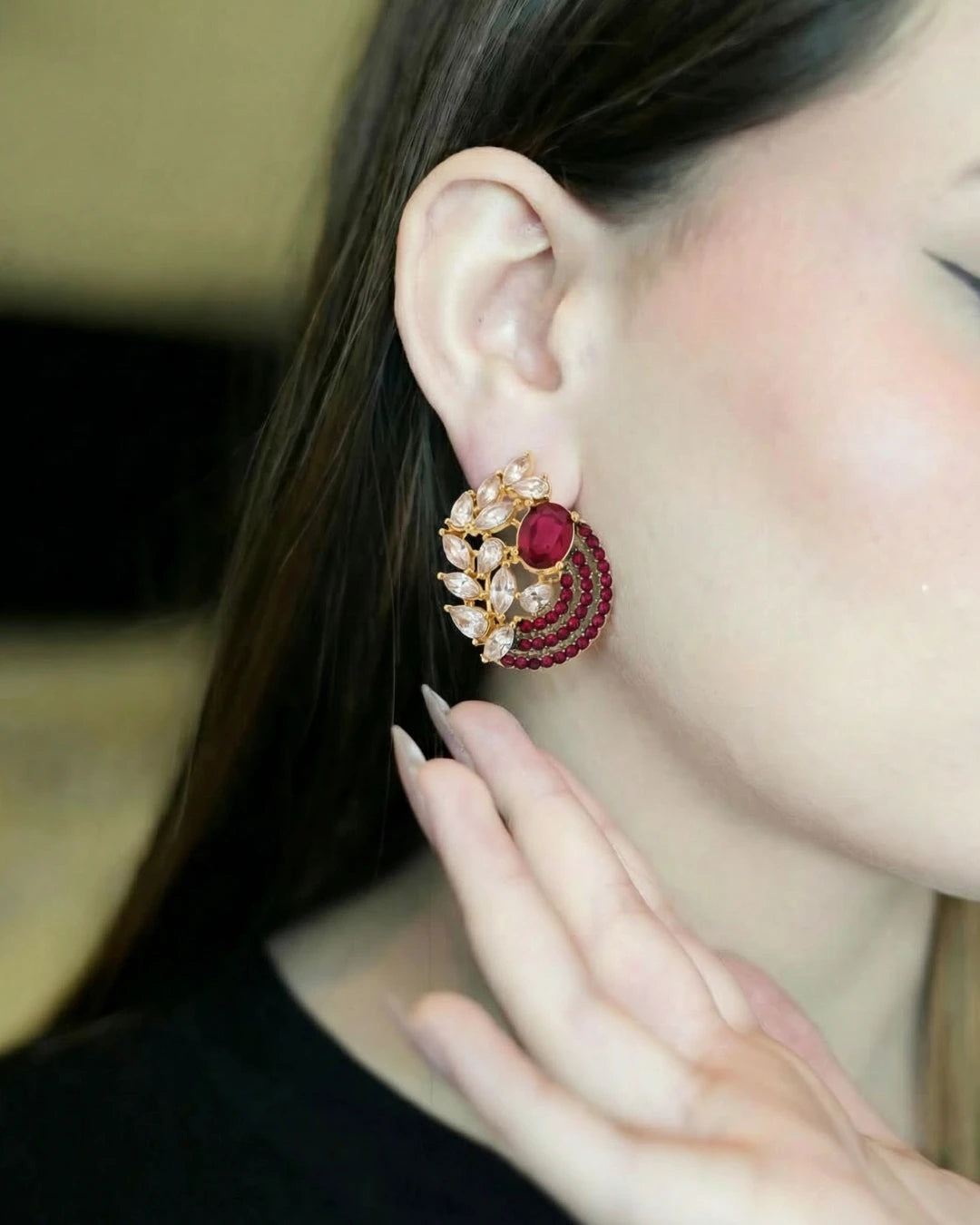 Crimson Crescent Earrings by Jewel by JF, elegant red earrings with crescent design, perfect for festive and special occasions.