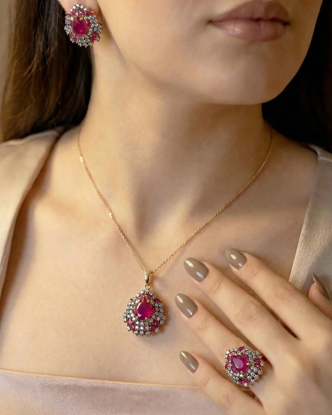 Royal teardrop jewelry set by Jewel by JF featuring elegant earrings and a matching necklace with intricate design.