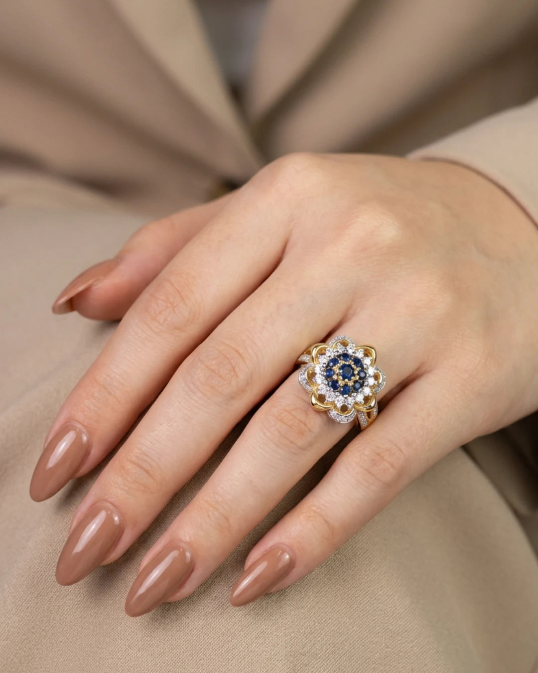 Midnight Bloom Statement Ring by Jewel by JF featuring intricate floral design and dark gemstone accents.