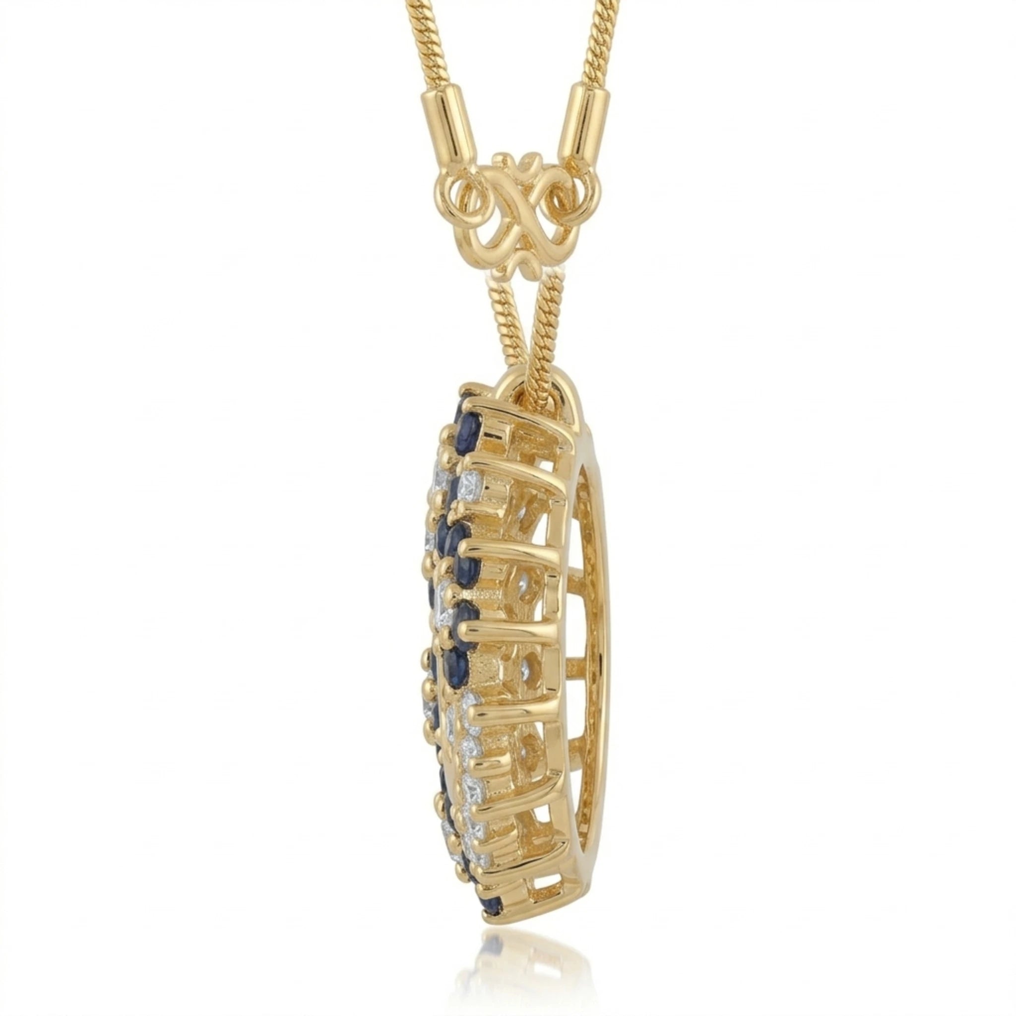 Gold Garland Pendant Necklace by Jewel by JF featuring delicate chain and intricate floral pendant on a white background.