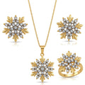 Golden Frost Flora jewelry set featuring gold-toned necklaces and earrings from Jewel by JF, displayed against a neutral background.