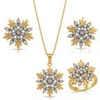Golden Frost Flora jewelry set featuring gold-toned necklaces and earrings from Jewel by JF, displayed against a neutral background.