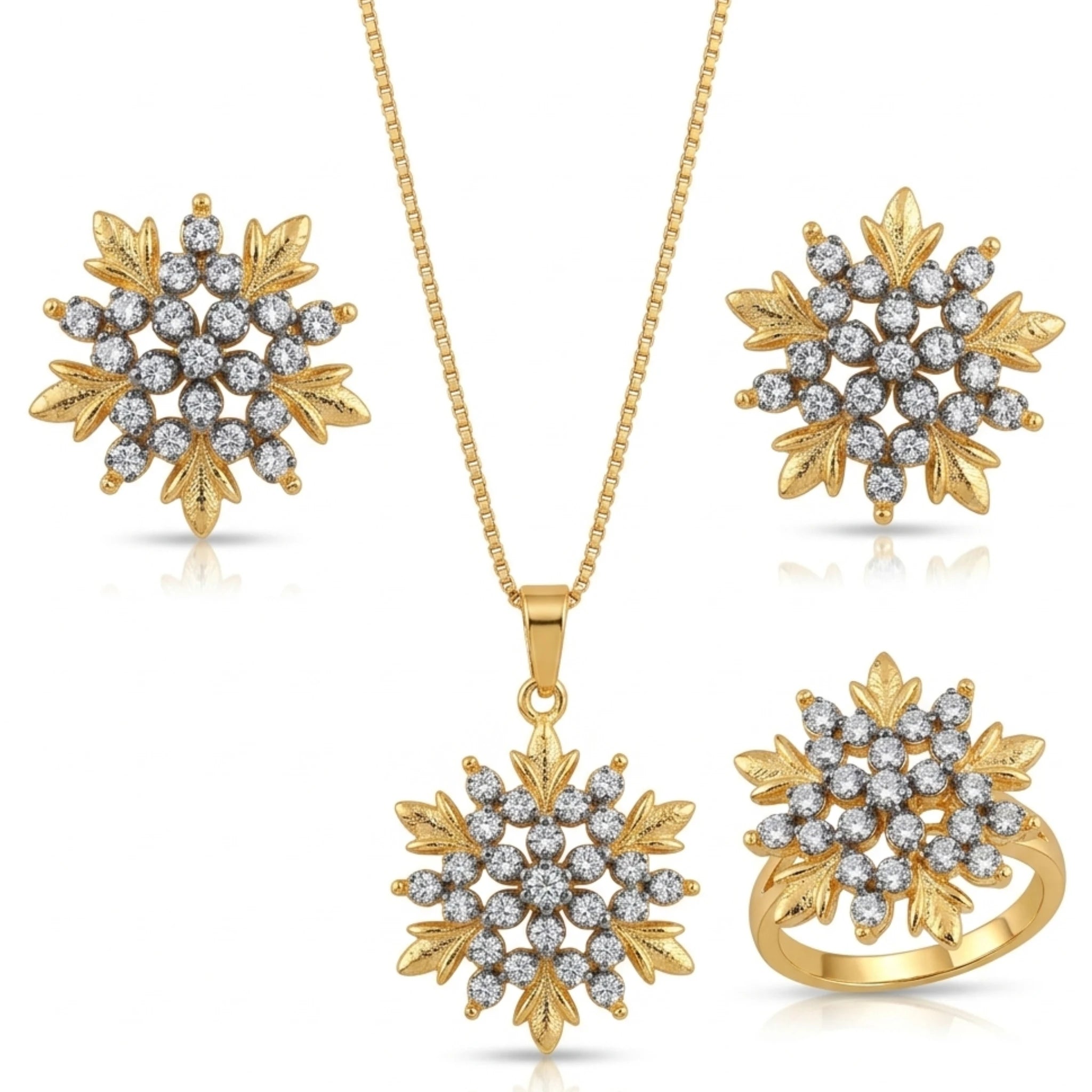Golden Frost Flora jewelry set featuring gold-toned necklaces and earrings from Jewel by JF, displayed against a neutral background.