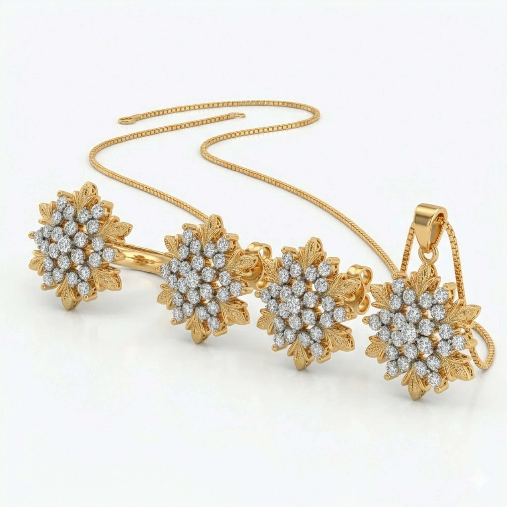 Golden Frost Flora jewellery set by Jewel by JF featuring gold-toned floral necklace and matching earrings on a display.
