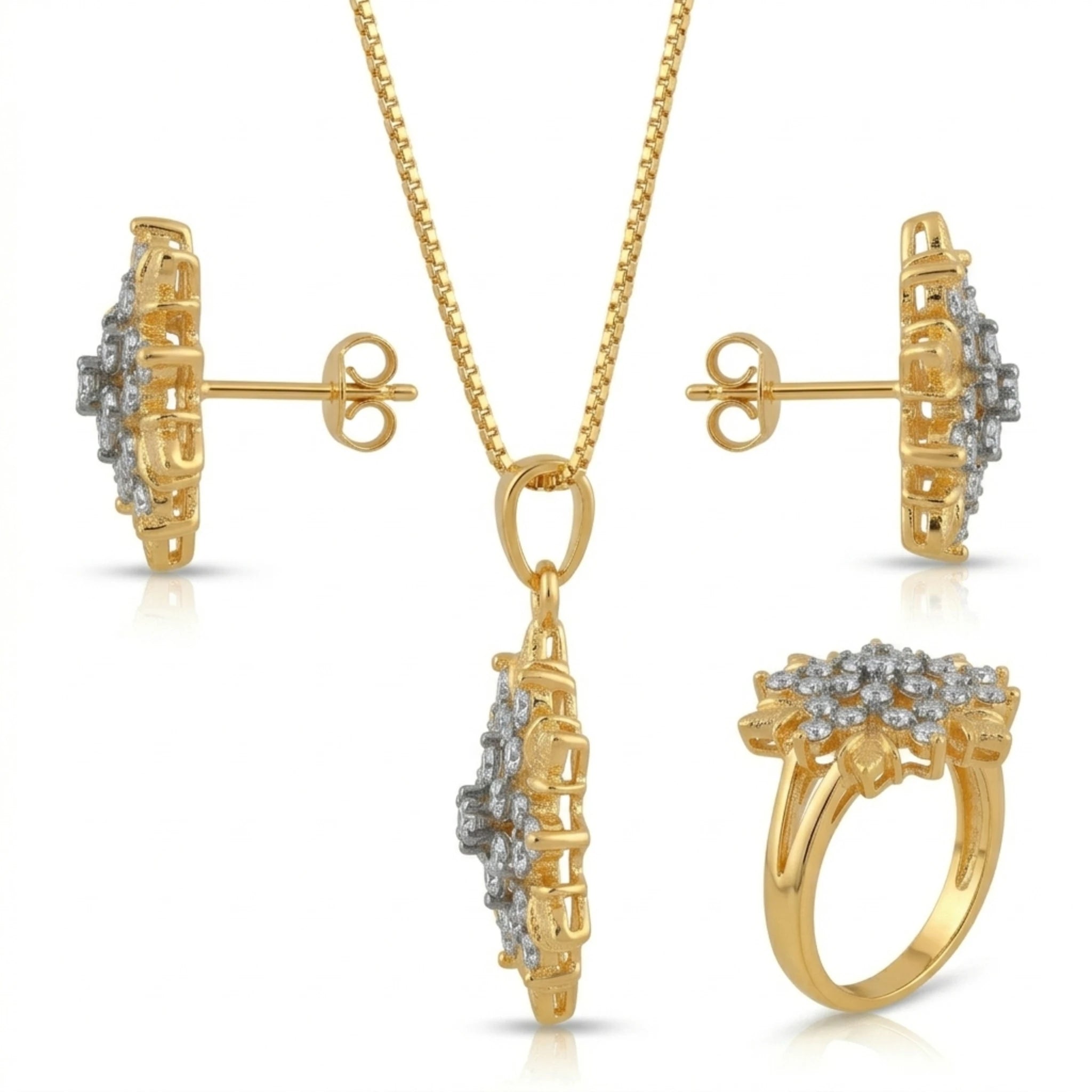 Golden Frost Flora jewellery set featuring gold-tone necklaces and earrings with floral design, by Jewel by JF.
