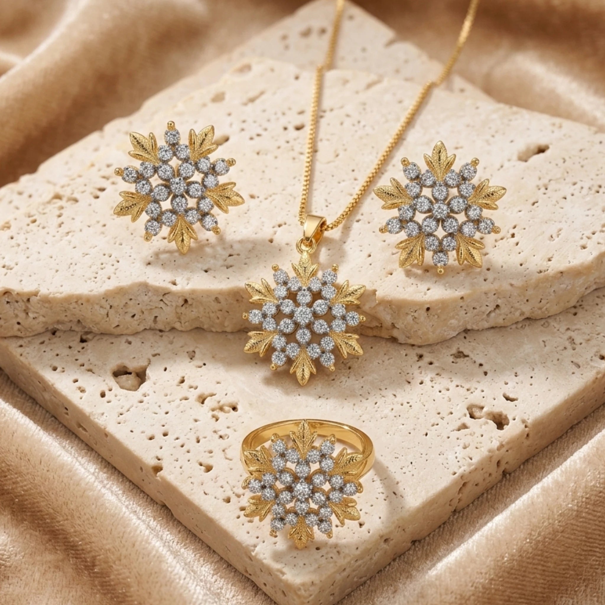 Golden Frost Flora jewellery set by Jewel by JF featuring gold-tone necklaces and earrings with floral design.