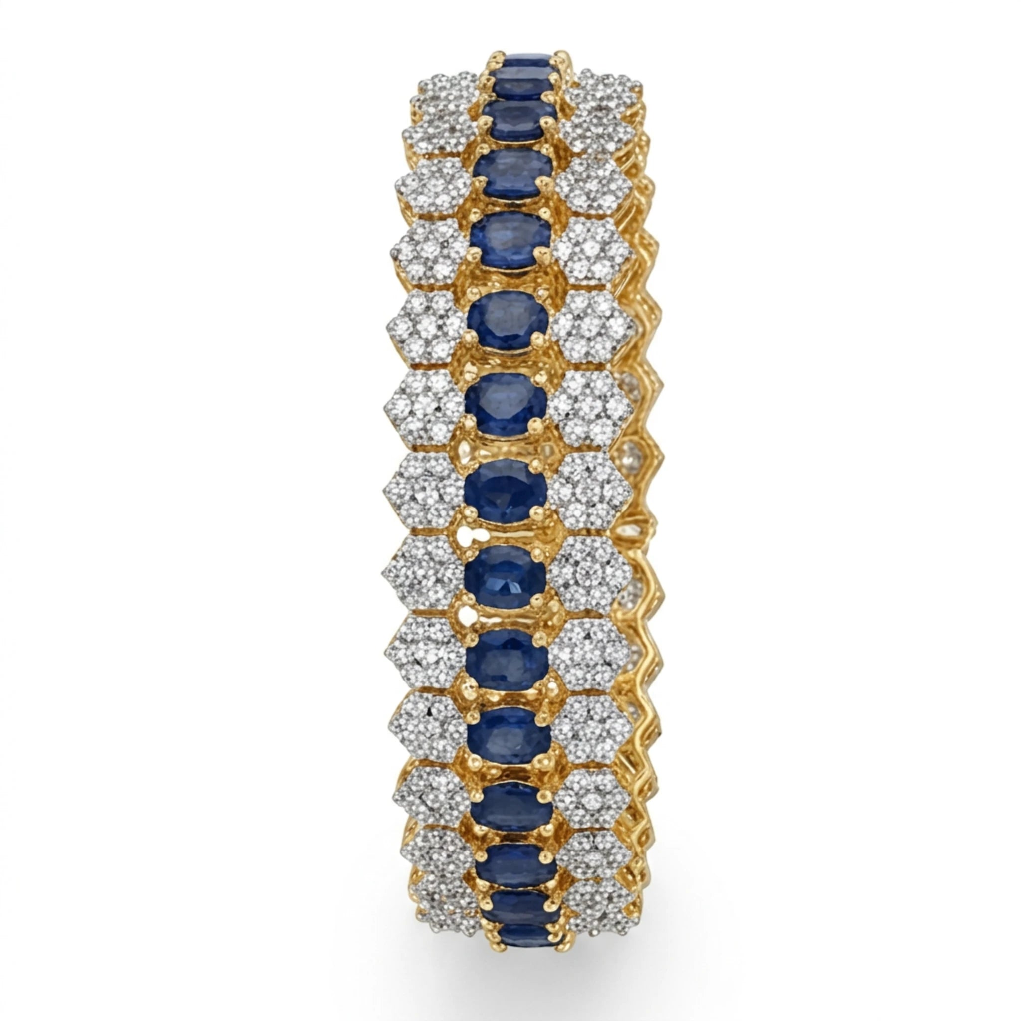 Jewel by JF Royal Honeycomb Statement Bracelet featuring gold honeycomb design and bold chain links on a white background.