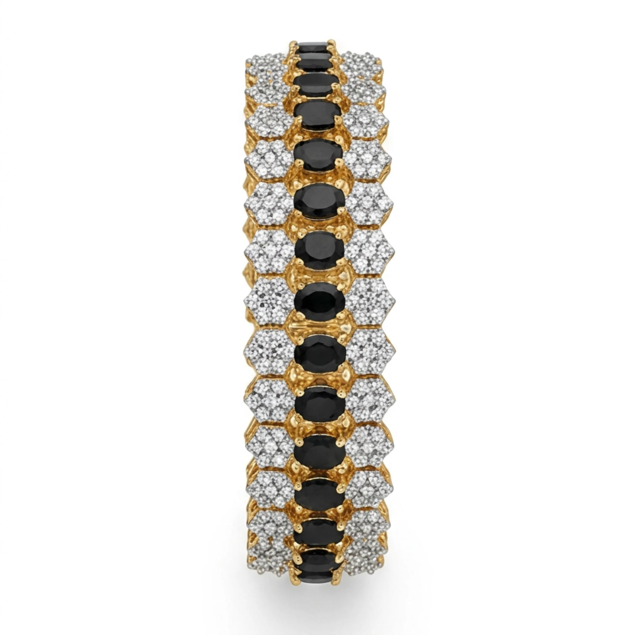 Jewel by JF Royal Honeycomb Statement Bracelet with gold-tone honeycomb design and elegant chain links on a white background