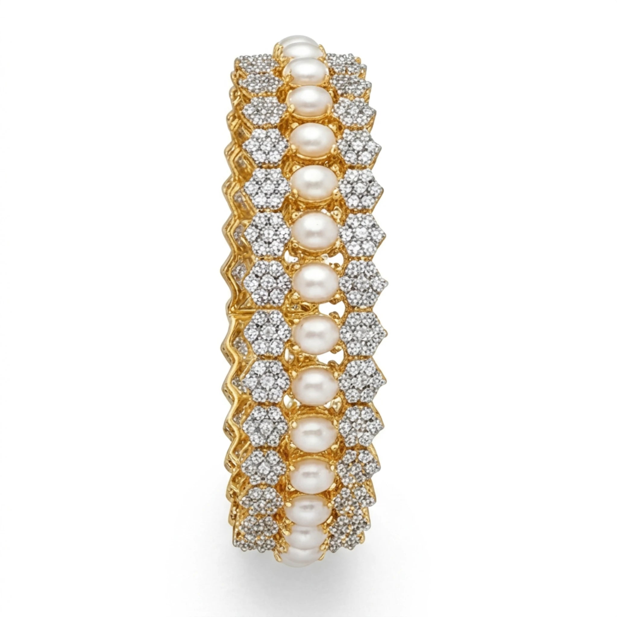 Jewel by JF Royal Honeycomb statement bracelet featuring gold honeycomb design and intricate detailing on a wrist.