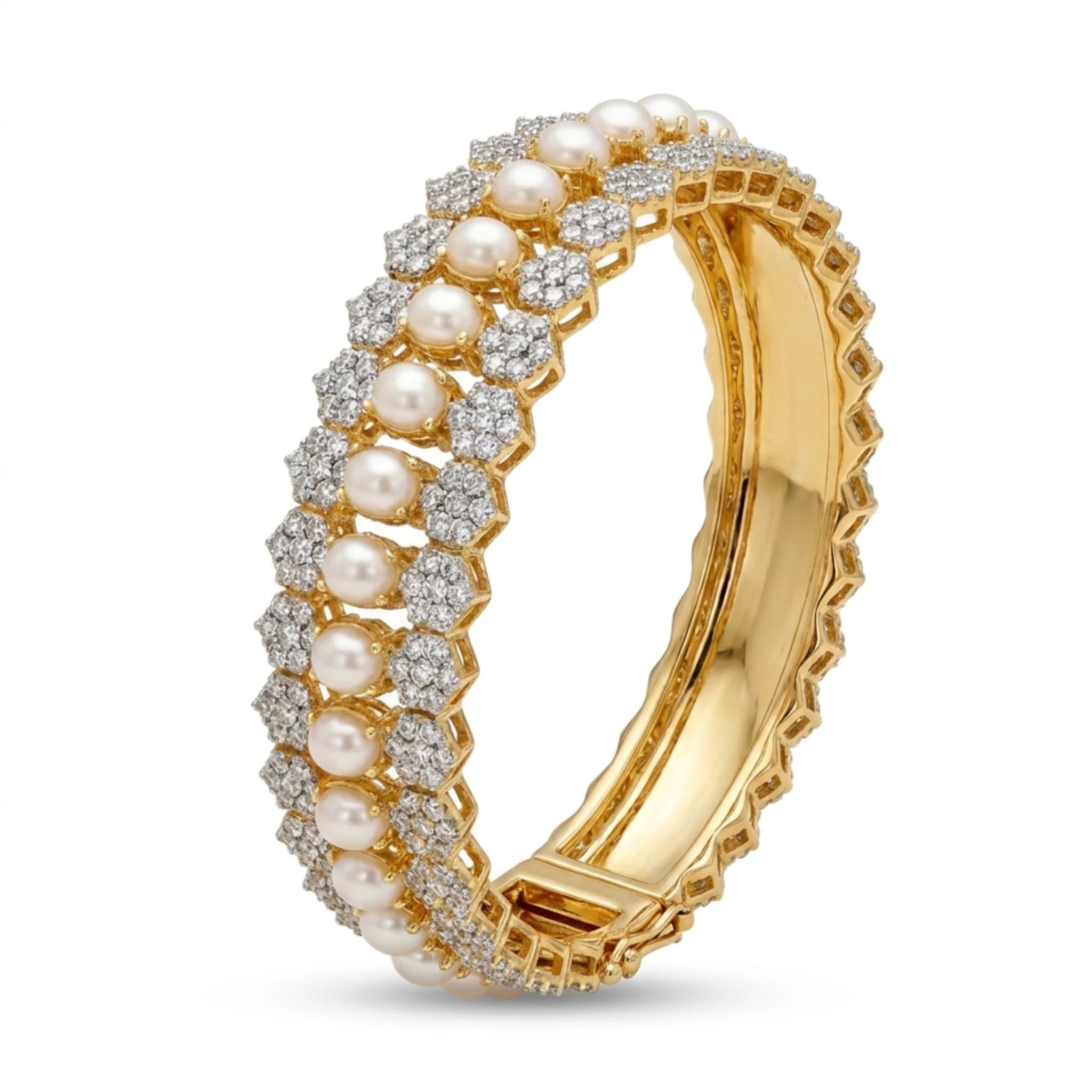 Jewel by JF Royal Honeycomb Statement Bracelet featuring gold honeycomb design and intricate link detailing.