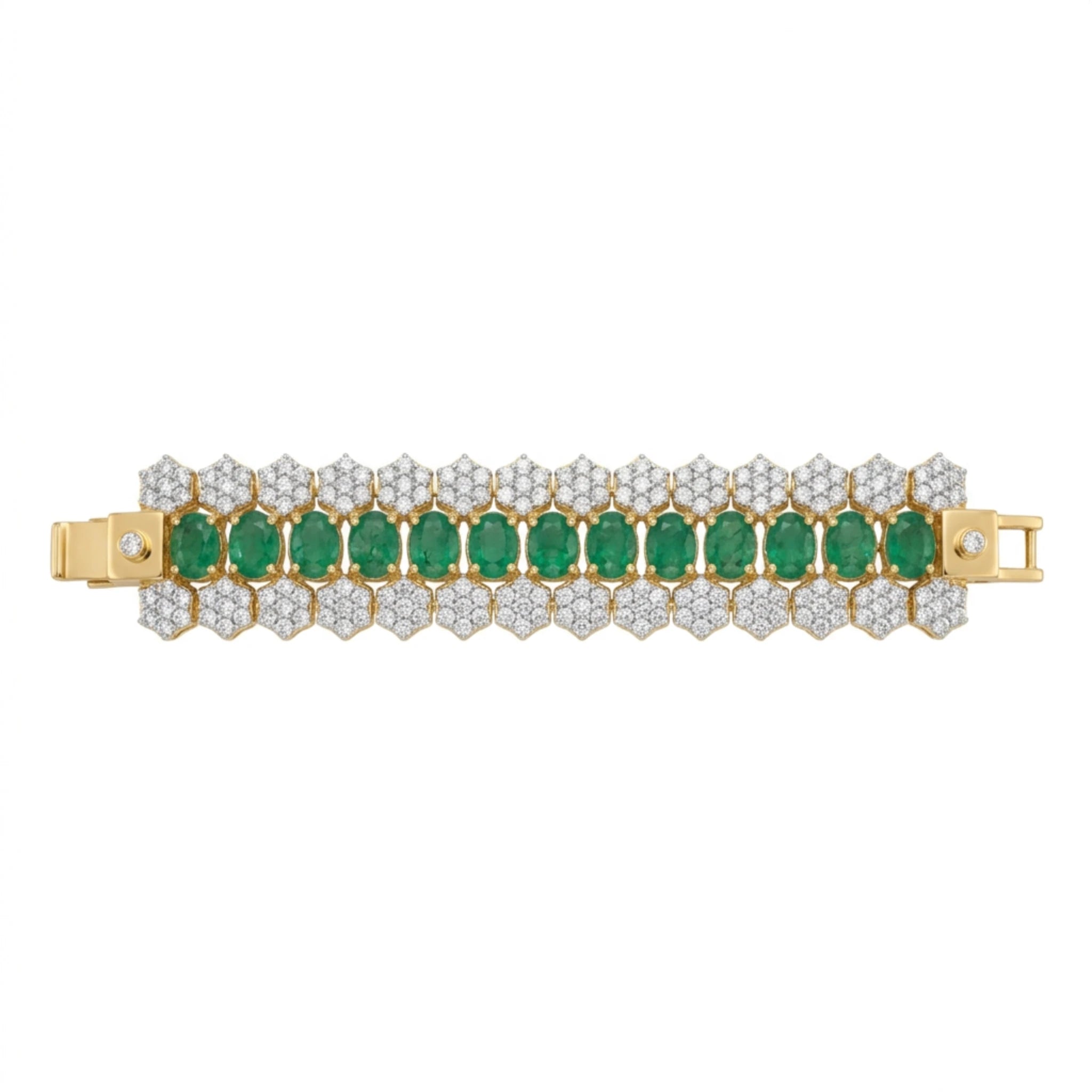 Jewel by JF royal honeycomb statement bracelet with gold-tone honeycomb pattern and bold design on a white background.