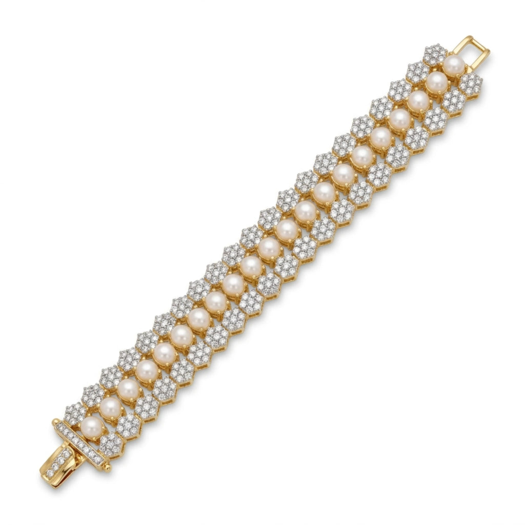 Jewel by JF royal honeycomb statement bracelet featuring gold-toned honeycomb design and bold, elegant jewelry style.