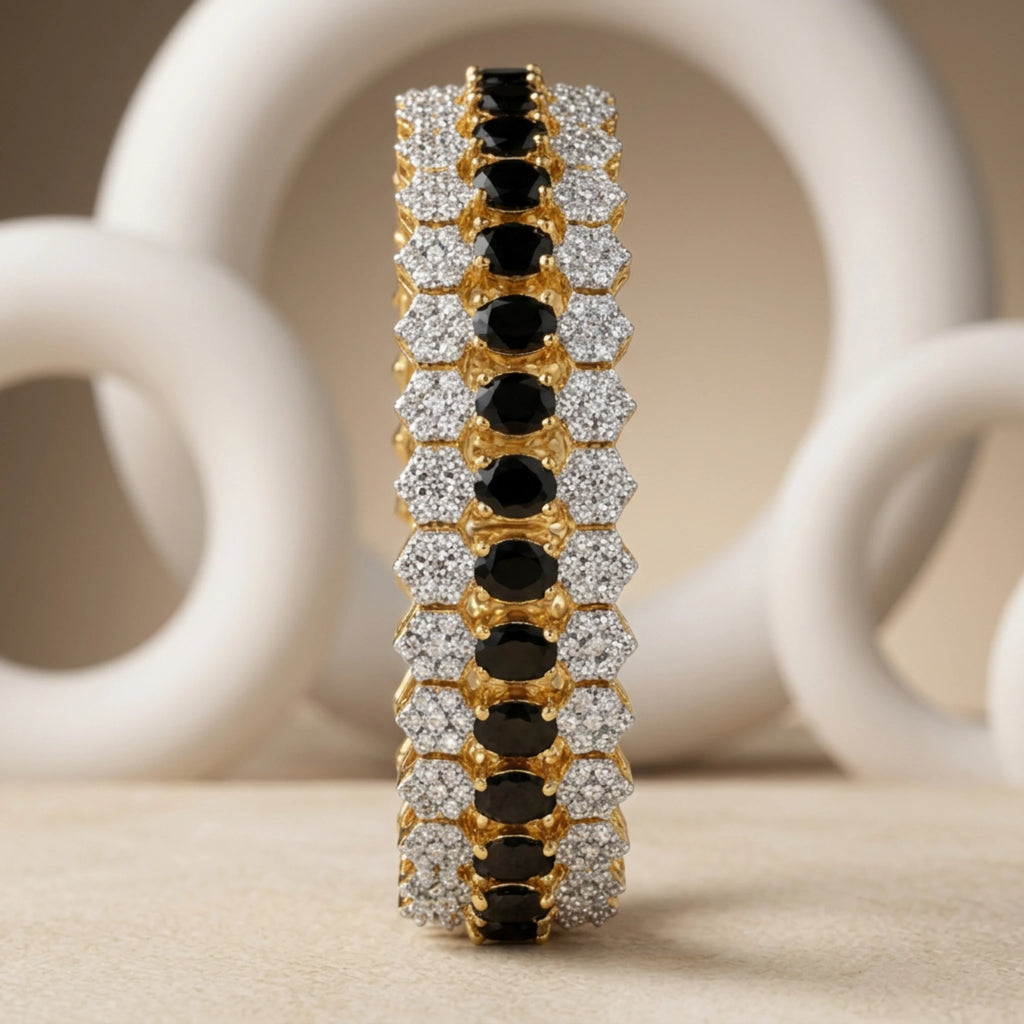 Jewel by JF Royal Honeycomb Statement Bracelet featuring gold honeycomb design and bold chain links on a white background.