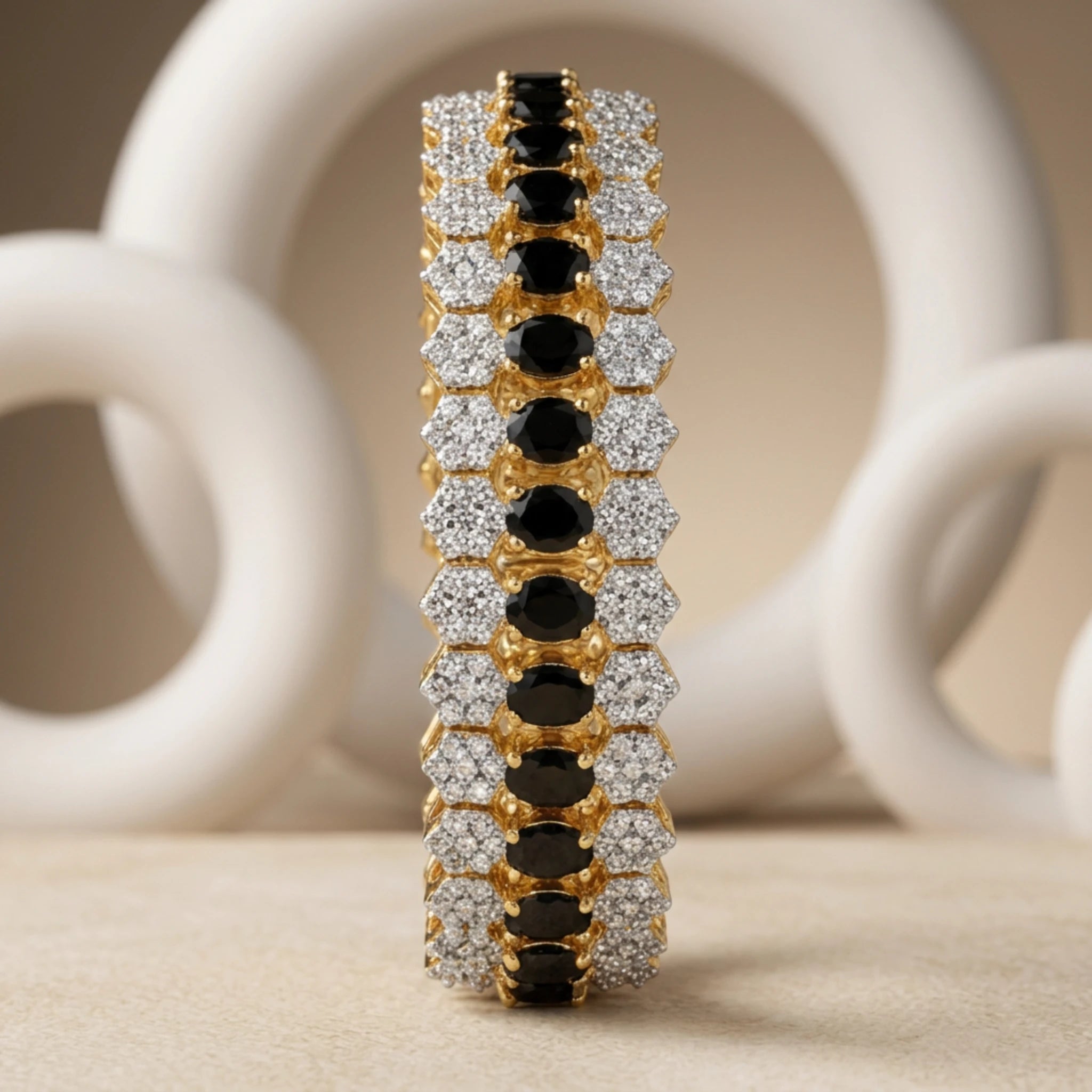 Jewel by JF Royal Honeycomb Statement Bracelet featuring gold honeycomb design and bold chain links on a white background.