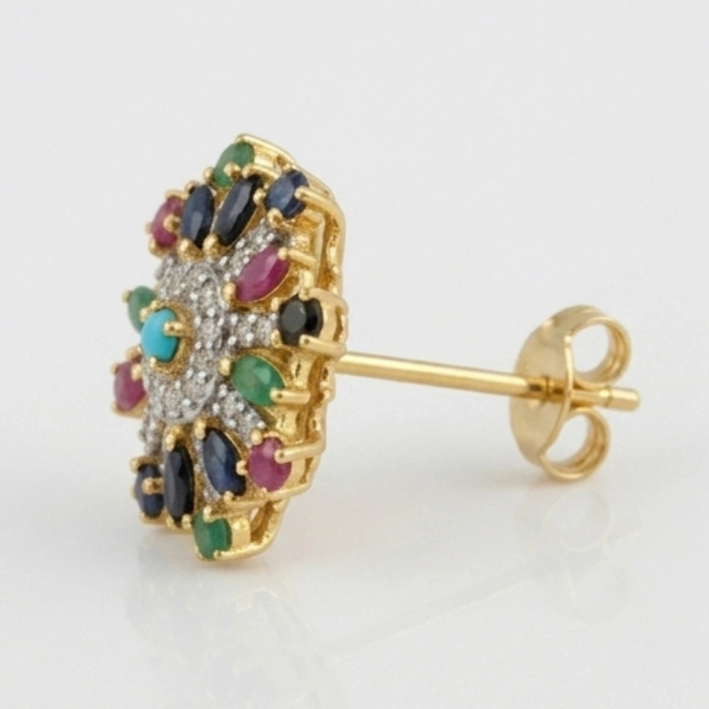 Gold starburst earrings by Jewel by JF featuring radiant, sunburst design with intricate details on silver earrings.