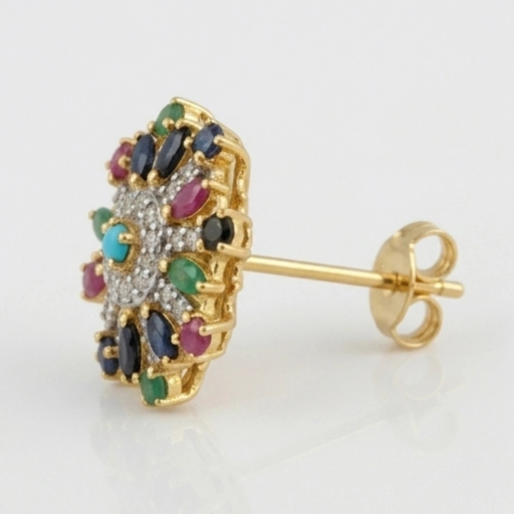 Gold starburst earrings by Jewel by JF featuring radiant, sunburst design with intricate details on silver earrings.