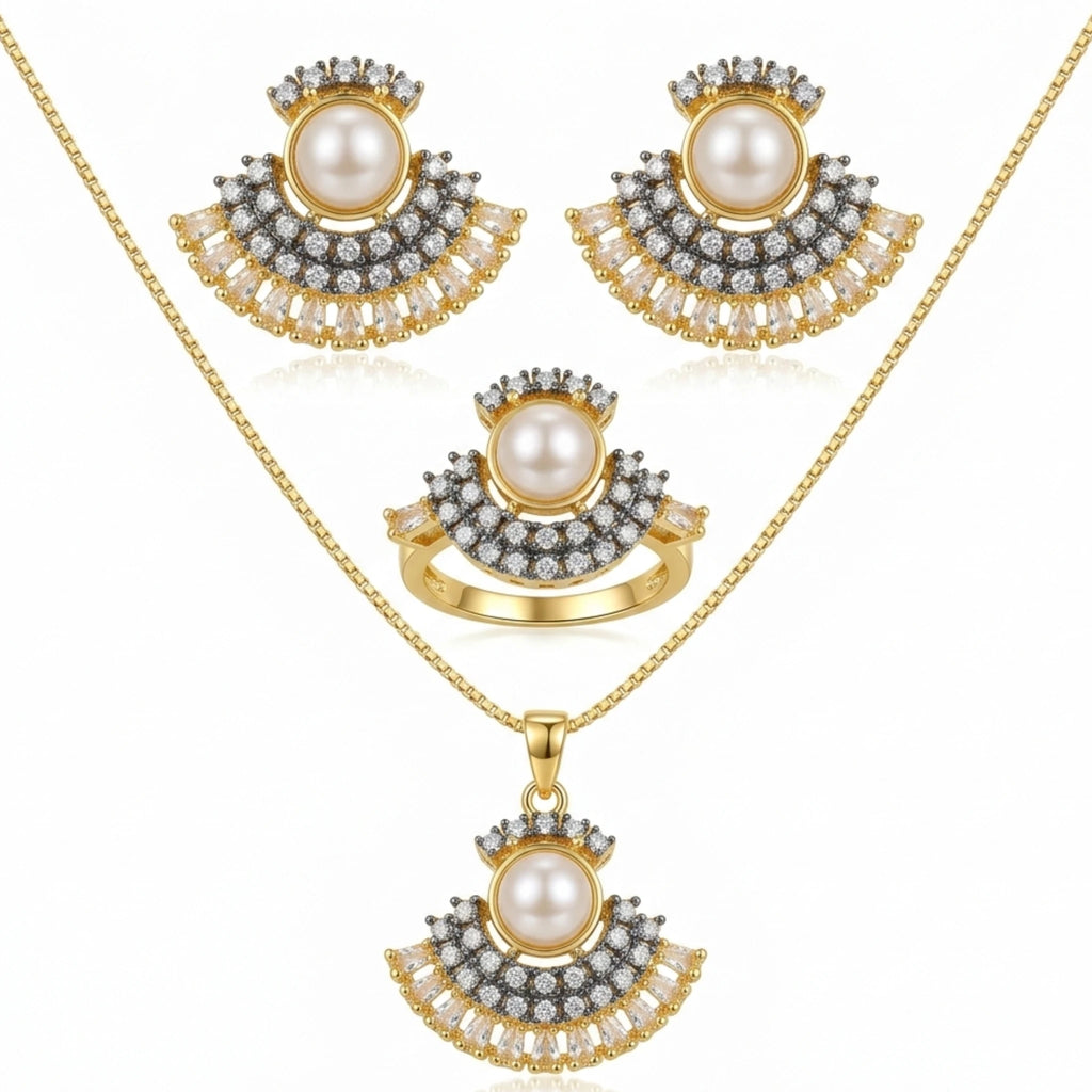 Jewel by JF Verdant Fan jewelry set featuring matching earrings and necklace with green and gold fan-inspired design