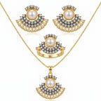 Jewel by JF Verdant Fan jewelry set featuring matching earrings and necklace with green and gold fan-inspired design