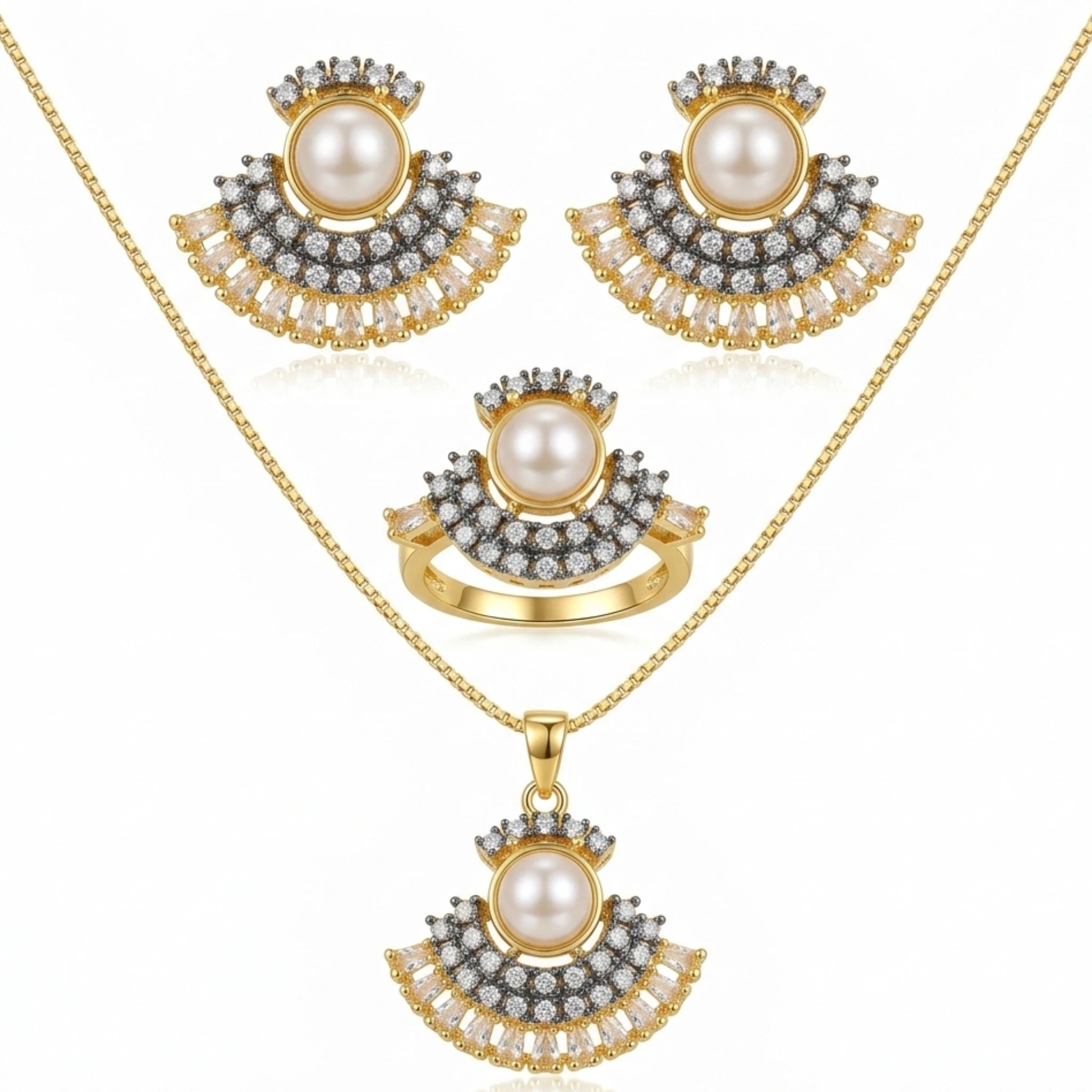 Jewel by JF Verdant Fan jewelry set featuring matching earrings and necklace with green and gold fan-inspired design