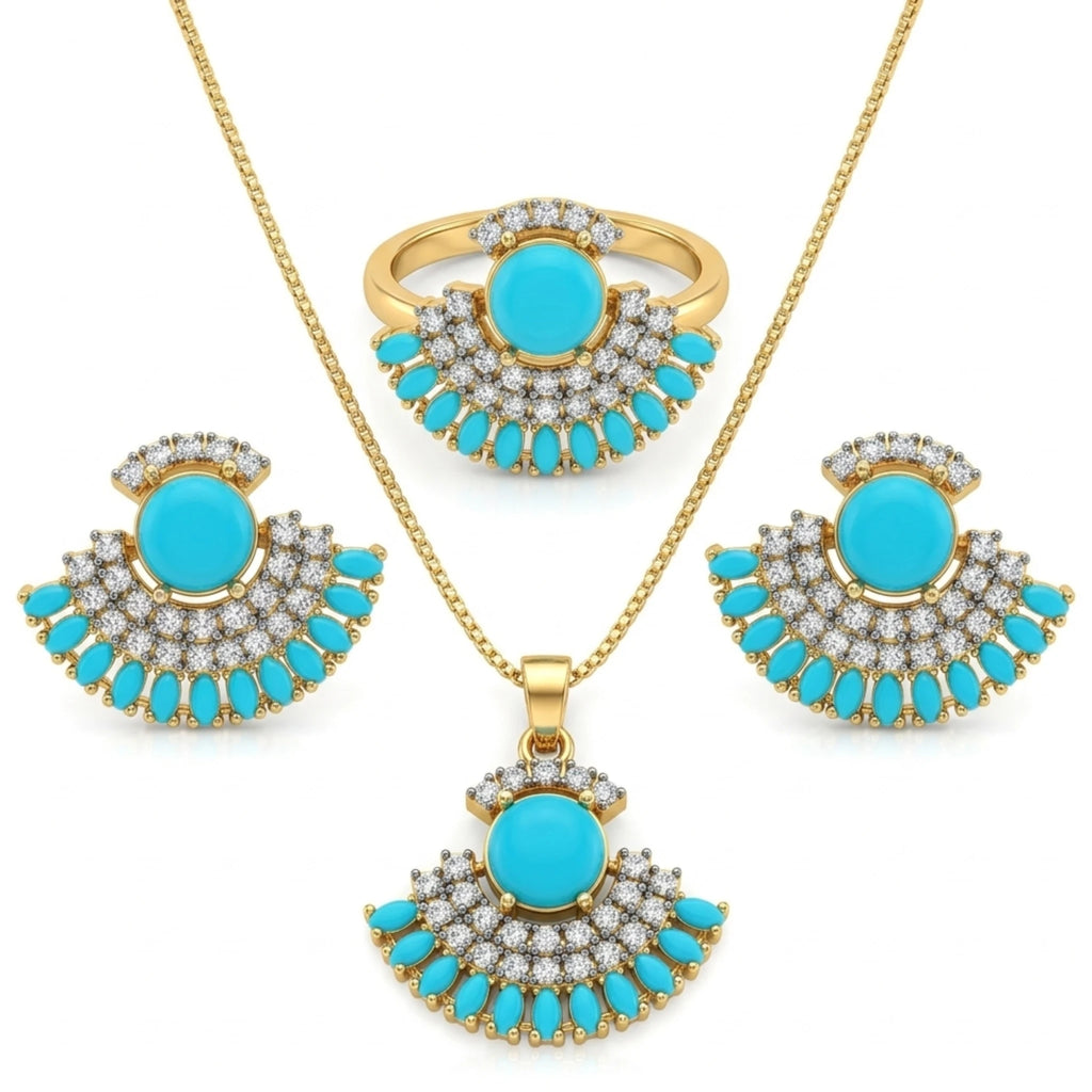 Jewel by JF Verdant Fan jewellery set featuring intricate fan-shaped earrings and matching necklace with green gemstone accents.