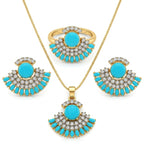 Jewel by JF Verdant Fan jewellery set featuring intricate fan-shaped earrings and matching necklace with green gemstone accents.