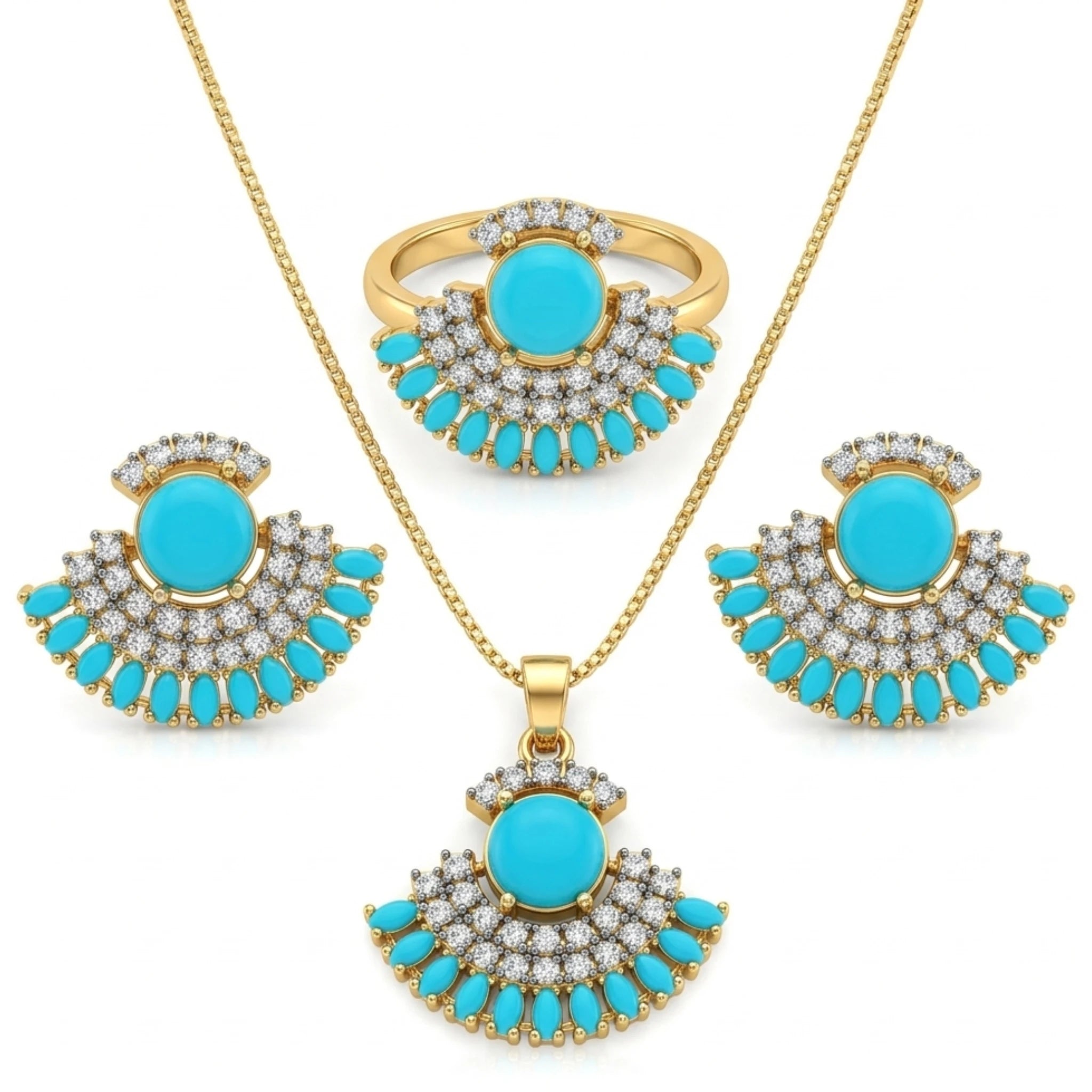 Jewel by JF Verdant Fan jewellery set featuring intricate fan-shaped earrings and matching necklace with green gemstone accents.