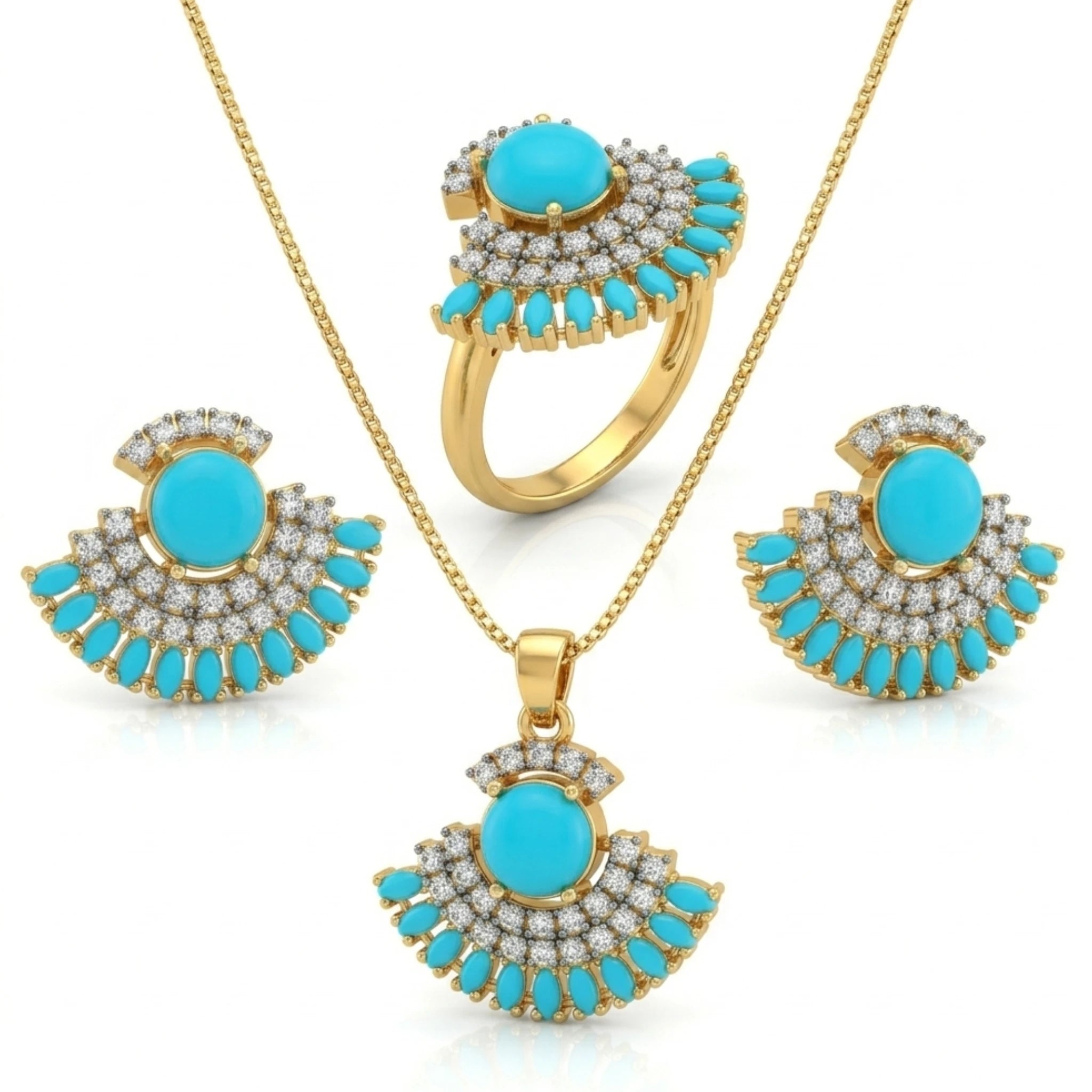 Jewelry set featuring green fan-shaped earrings and matching necklace from Jewel by JF Verdant Fan Jewellery Set collection.