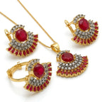 Jewel by JF Verdant Fan Jewellery Set featuring green and gold-toned earrings and necklace with fan-inspired design