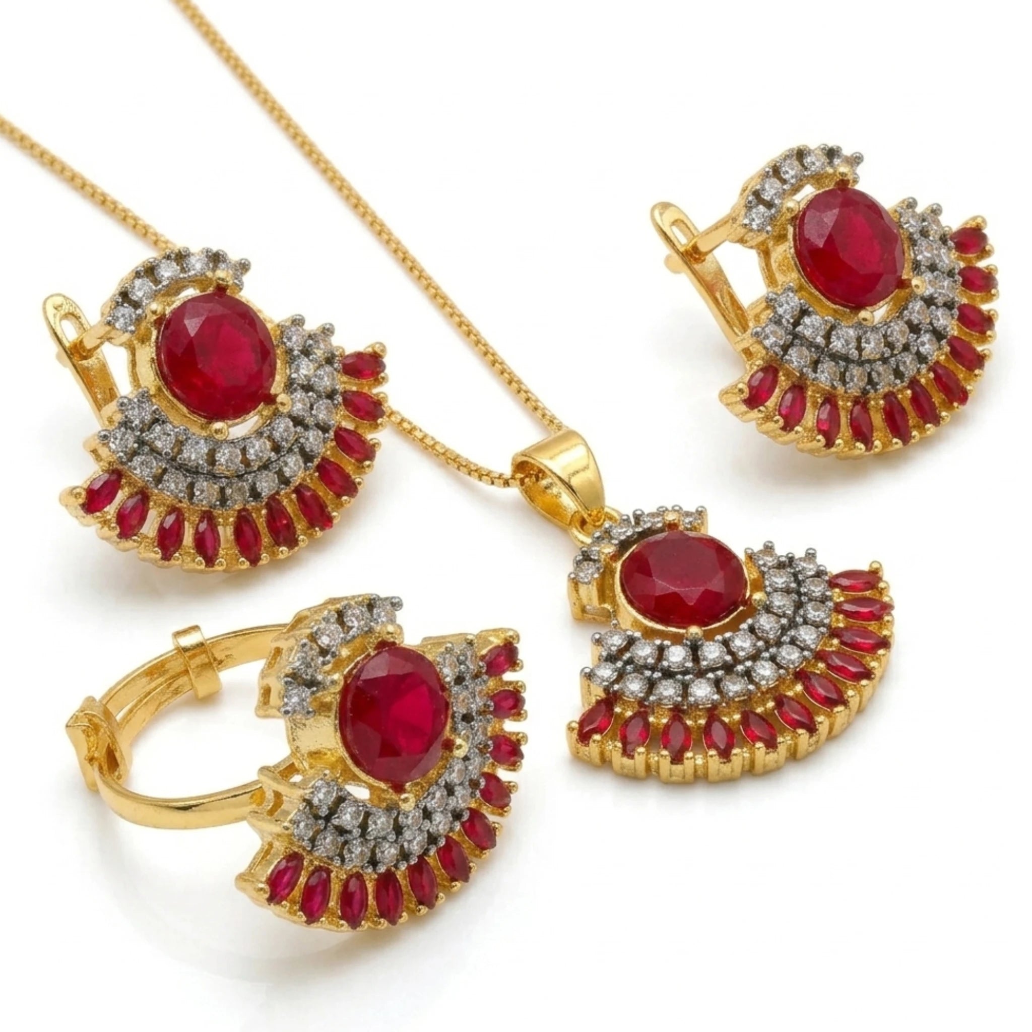 Jewel by JF Verdant Fan Jewellery Set featuring green and gold-toned earrings and necklace with fan-inspired design