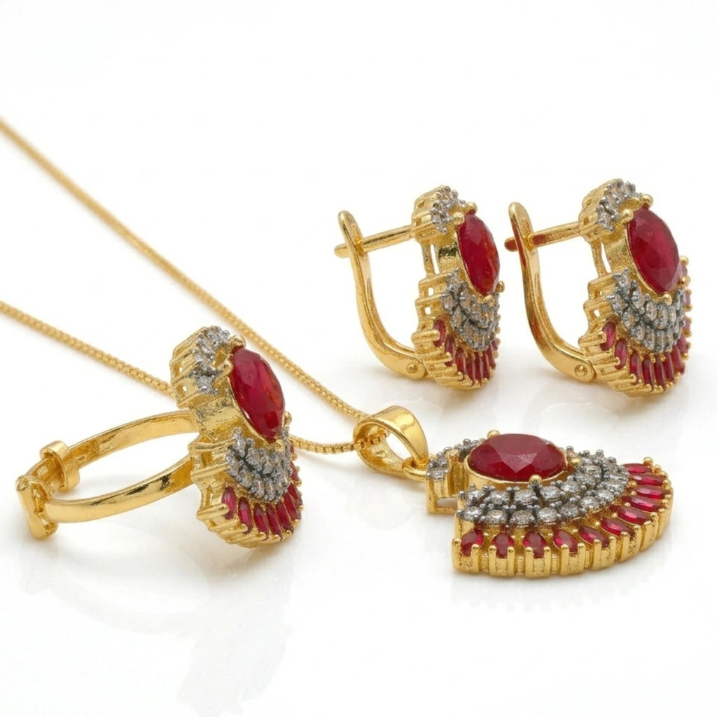 Jewel by JF Verdant Fan jewellery set featuring green fan-shaped earrings and matching necklace on a white background.
