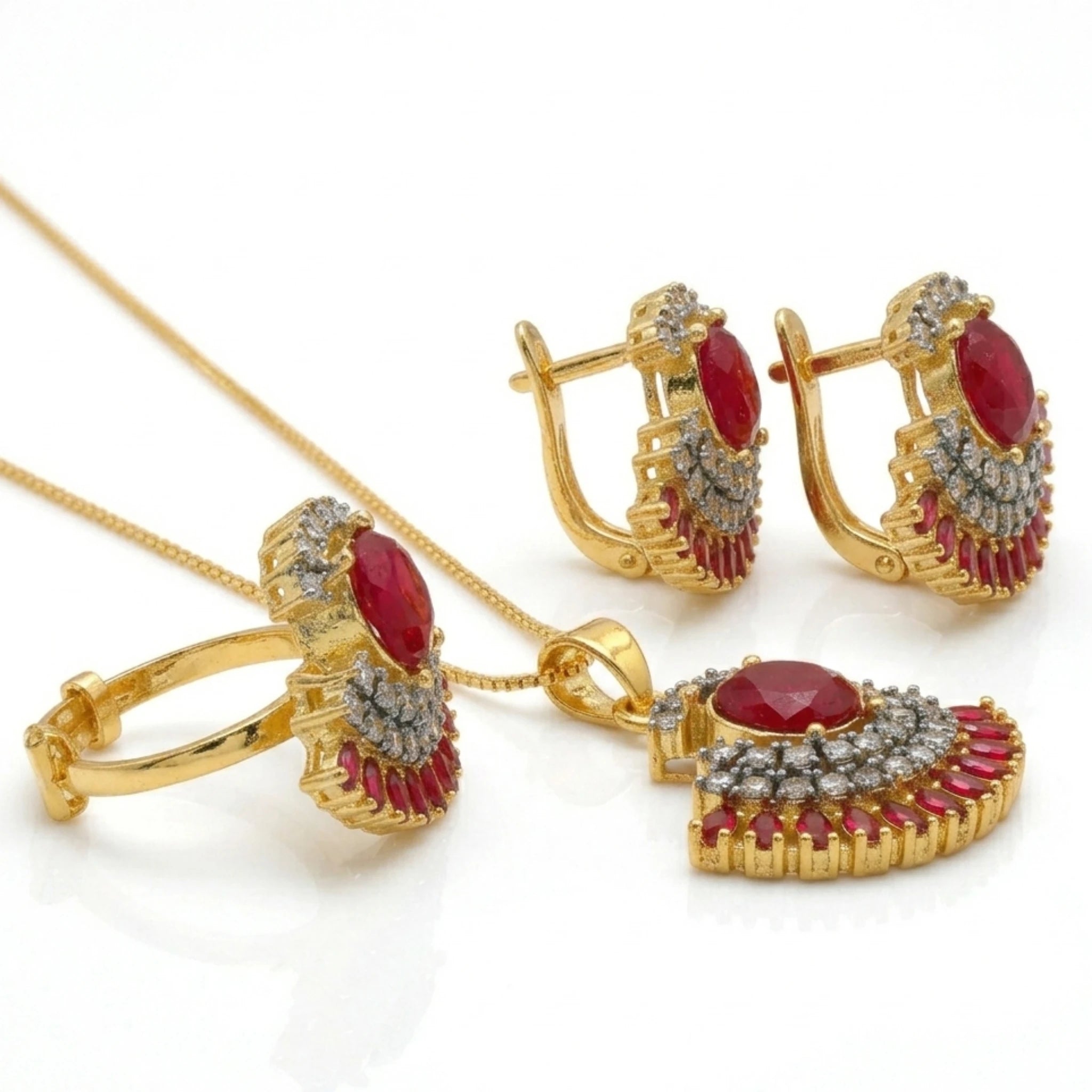 Jewel by JF Verdant Fan jewellery set featuring green fan-shaped earrings and matching necklace on a white background.