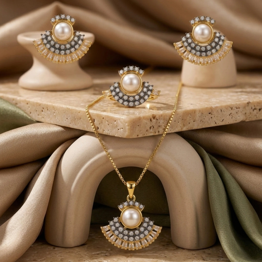 Jewel by JF Verdant Fan Jewellery Set featuring green-toned earrings and a matching necklace with fan-shaped design.