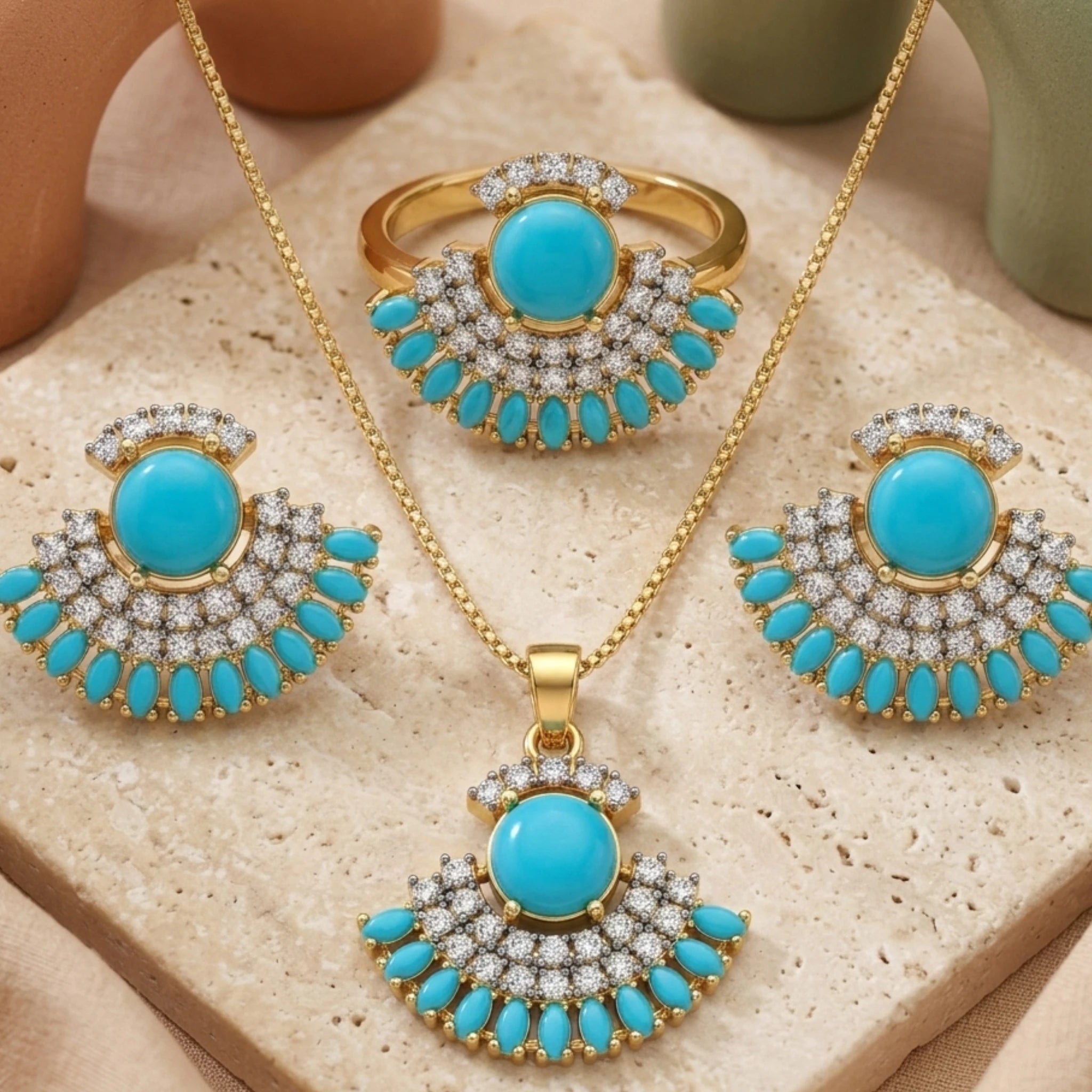 Jewel by JF Verdant Fan jewellery set featuring earrings and necklace with green fan-shaped design.