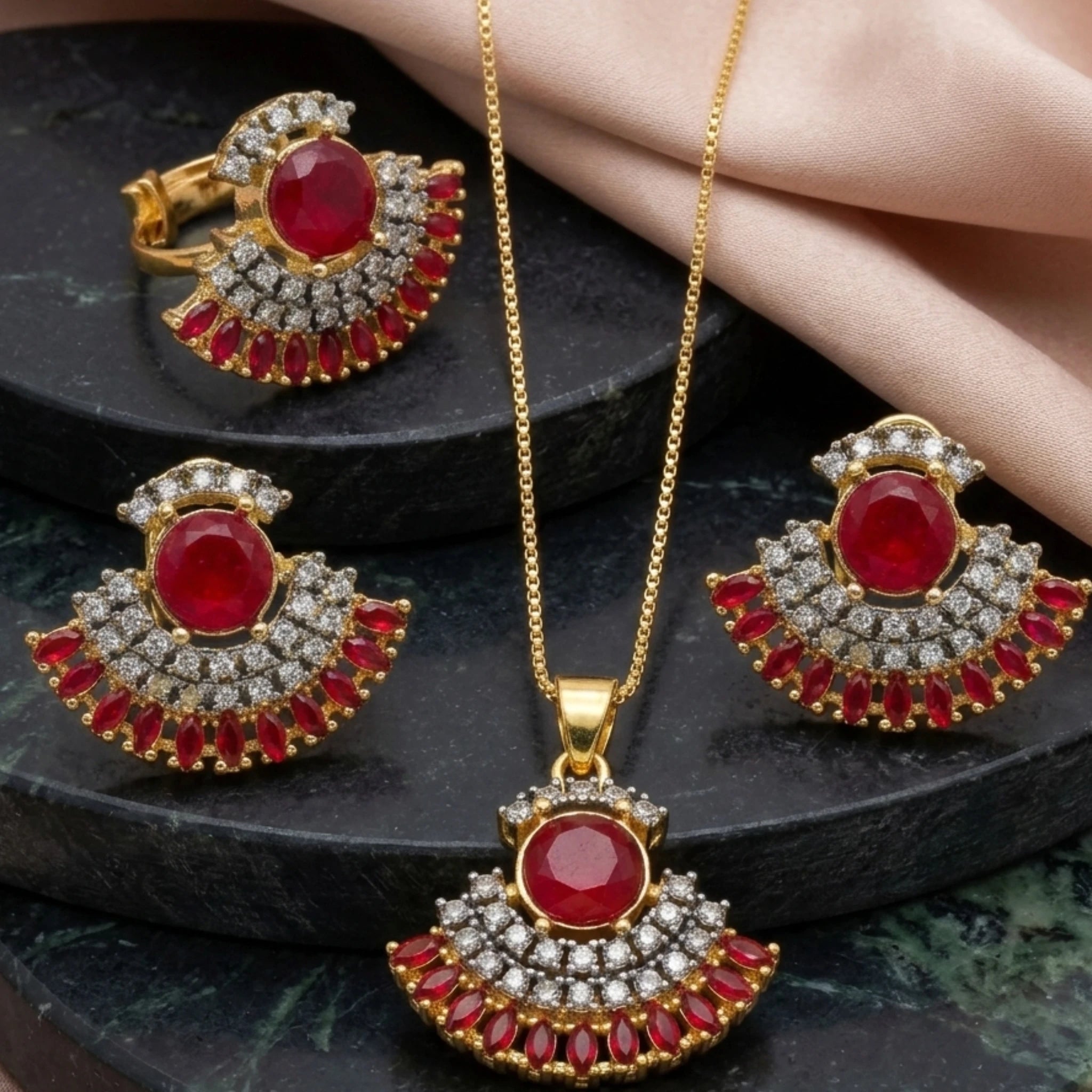 Jewel by JF Verdant Fan jewellery set featuring elegant earrings and necklace with green fan-shaped design.